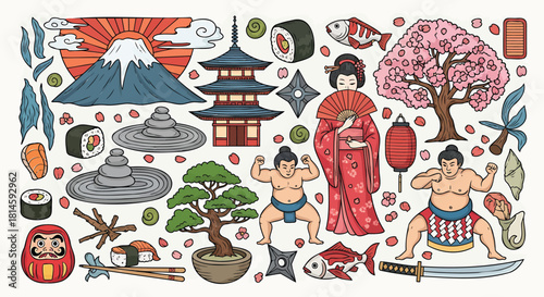 Japanese Culture and Tradition Doodle Set.