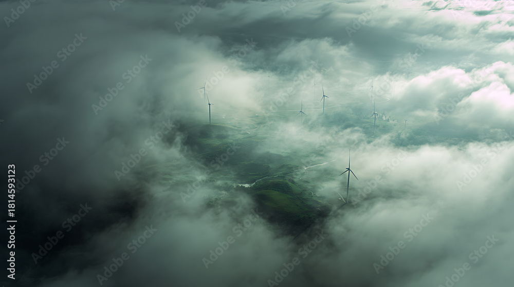 Fototapeta premium Majestic wind turbines emerge from ethereal misty clouds over green rolling hills aerial view