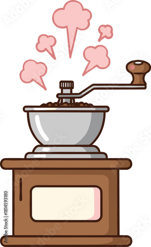 Vintage Manual Coffee Grinder Vector Illustration with Steam Symbolizing Freshly Ground Aroma