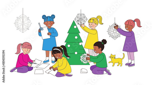 Children Decorating Christmas Tree: Group of children gather to decorate a Christmas tree, creating snowflakes and other festive ornaments.