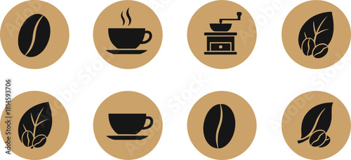 Coffee and Tea Icons Set Vector Silhouette Symbols in Circular Brown and Black Design