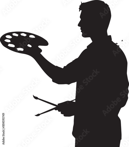 Silhouette of an artist holding a paint palette and brushes