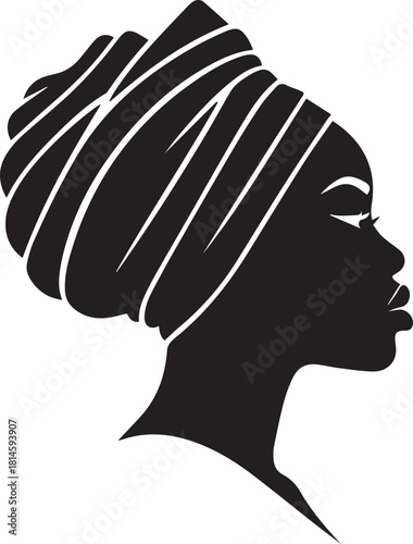 Elegant silhouette of a black woman wearing a vibrant turban