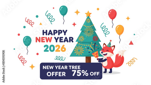 New Year Celebration: A cheerful illustration brimming with festive elements, including a decorated tree, vibrant balloons, and a cute fox ready to ring in the New Year. 