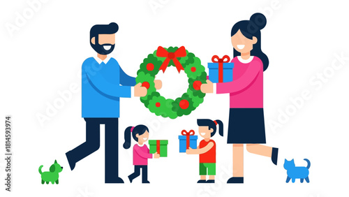 Christmas Family Moment: A joyful family shares the spirit of Christmas. Giving presents and decorations, capturing festive traditions.