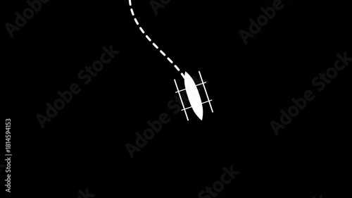 fishing boat with dotted path downward animation on black background. 4k video dashed line path route animation