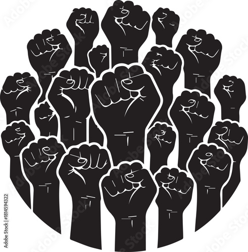 Group of raised clenched fists symbolizing protest and unity