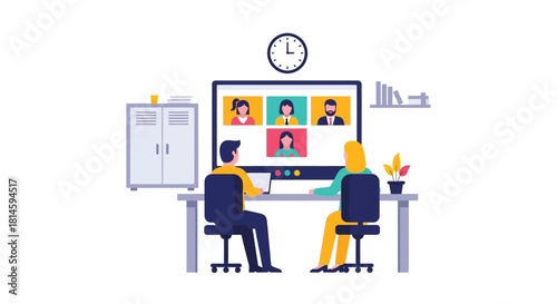 People attending a virtual meeting on a laptop in an office setting