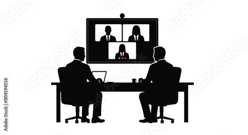 Silhouette of a business meeting with a video conference display