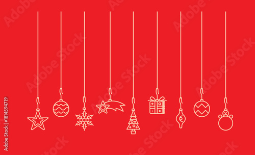 Christmas Decorations Vector Line Illustration on Red Background