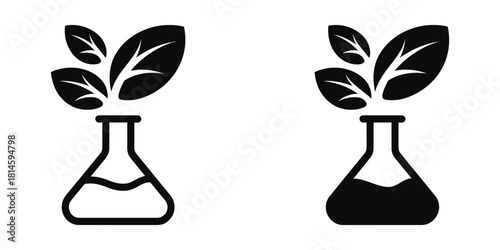 Eco-friendly science vector icon set showcasing a flask with growing leaves, symbolizing biotechnology, organic research, and sustainable innovation