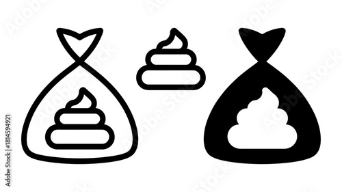 Dog poop bag and pet waste icon set, illustrating responsible animal care and hygiene practices for clean public spaces.