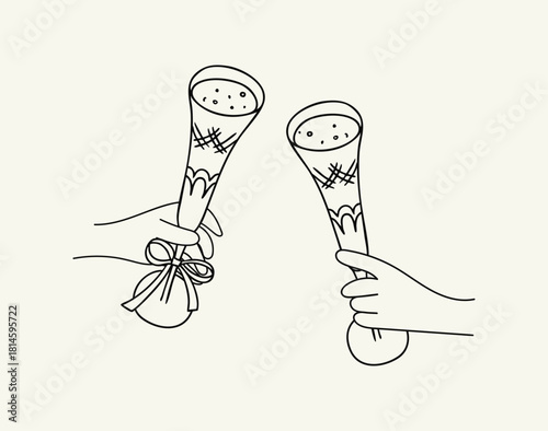 Vintage champagne glasses in hands raised to toast. Vector outline illustration of elegant glasses to celebrate