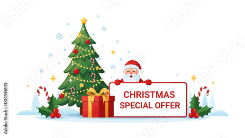 Holiday Cheer: festive scene showcasing the spirit of Christmas, complete with a beautifully decorated tree, joyful Santa, a special offer sign, wrapped present, and holiday ornaments.