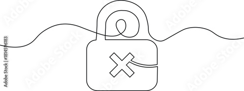 Continuous one-line art drawing of a padlock with an 'X' mark. Minimalist black vector graphic element for security failure or access denied, isolated on white.