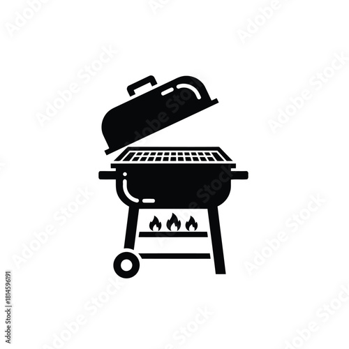 Black and white icon of a charcoal barbecue grill with open lid