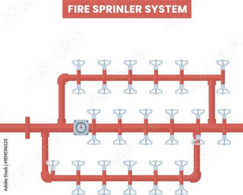 Illustration of a red fire sprinkler system with multiple sprinkler heads connected by pipes.