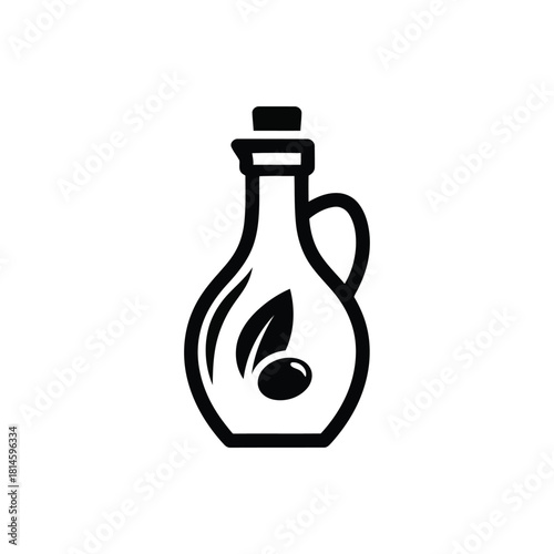 Black and white icon of an olive oil cruet with olive and leaf