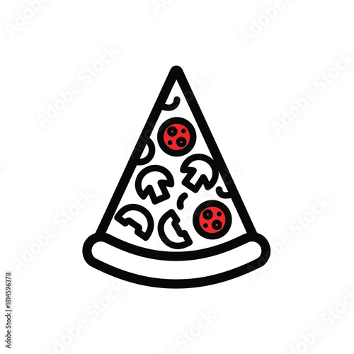 Simple cartoon icon of a slice of pizza with mushroom and pepperoni