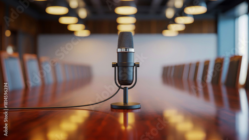 Professional studio microphone on a polished wooden conference table in an empty meeting room