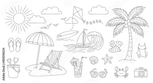 Summer Beach Vacation Elements Outline Drawing Set.