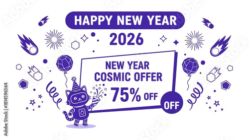 Cosmic New Year: A vibrant and futuristic banner, filled with celestial elements and a playful robot, announces a grand discount offer for the upcoming New Year.