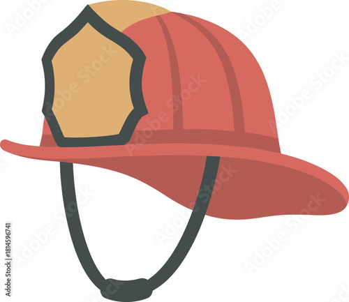 A red firefighter helmet with a tan badge and a dark gray strap.