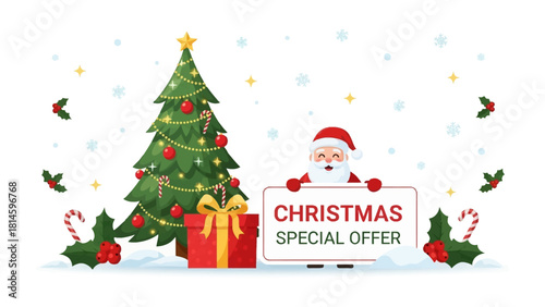 Festive Offer: A cheerful Santa Claus joyfully promotes a special offer beside a decorated Christmas tree with gift and snowing background.