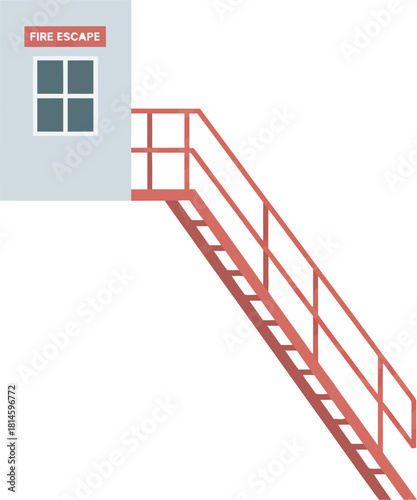 Fire escape staircase attached to a building with a window and signage.
