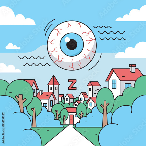 A giant surreal bloodshot eyeball floating in the sky and watching over a small cartoon town with trees.