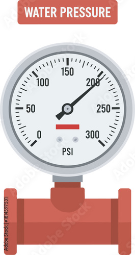 Illustration of a water pressure gauge showing a reading of 200 PSI, connected to a red pipe.