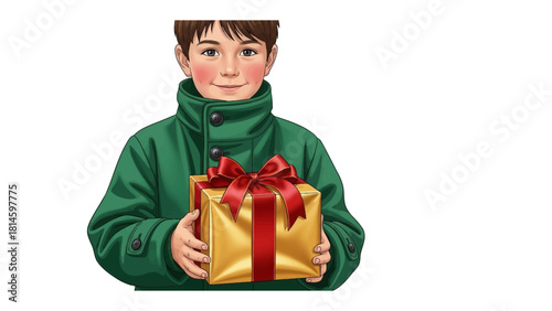 Gift of a young Person: A young person, holding a beautifully wrapped gift box with a red ribbon and a golden paper box, smiles warmly, inviting you into a scene of giving and shared moments.