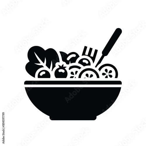 Black silhouette icon of a fresh vegetable salad in a bowl with utensil