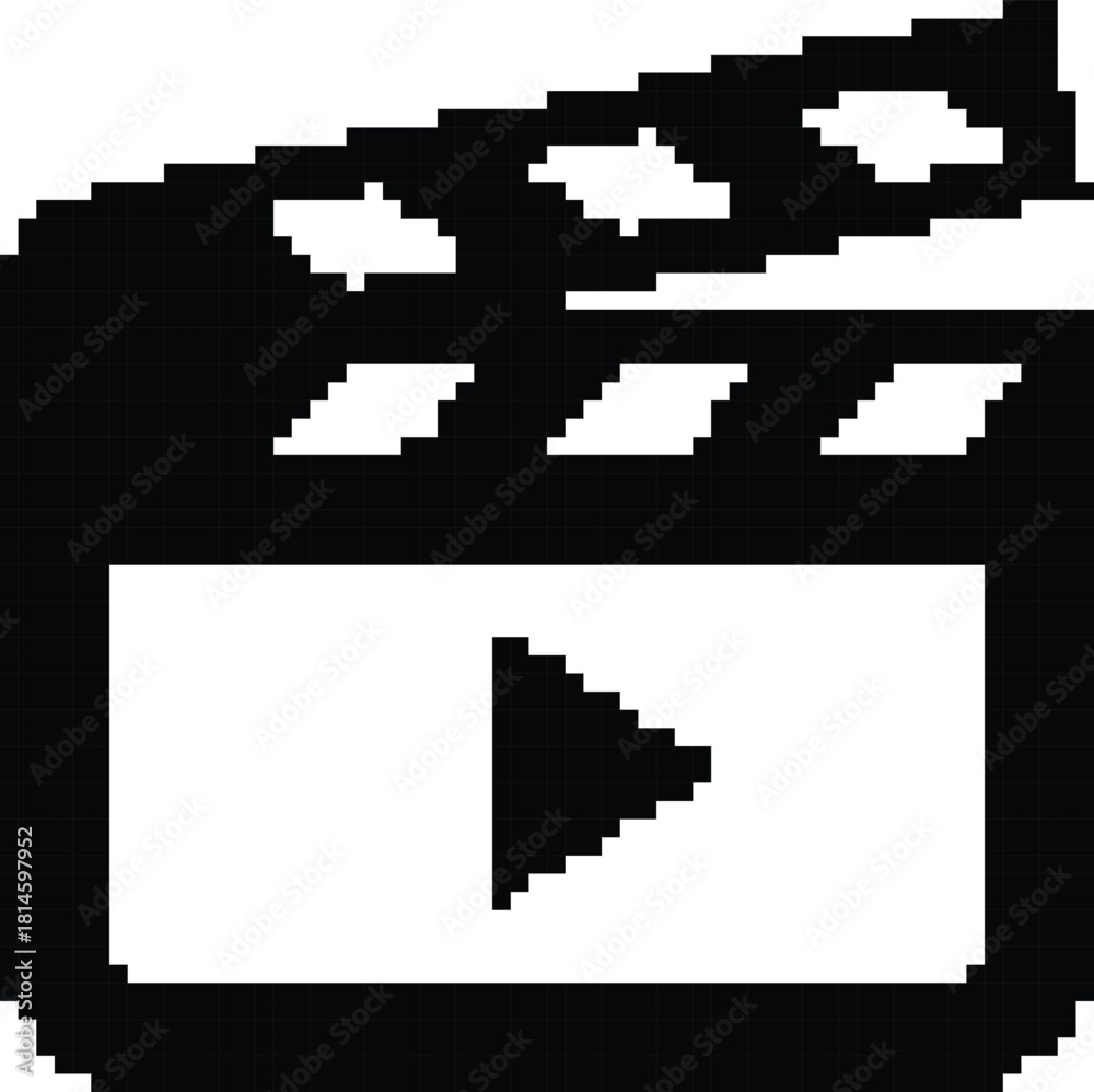 Fototapeta premium Hand made Pixelated movie clapperboard icon simple black and white vector illustration perfect for retro game design and 8-bit graphics projects By illustrator