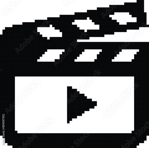 Hand made Pixelated movie clapperboard icon simple black and white vector illustration perfect for retro game design and 8-bit graphics projects By illustrator