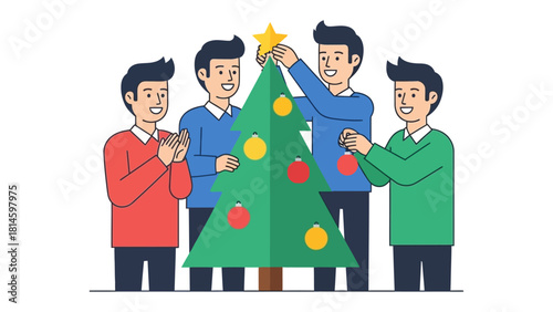 Christmas Tree Decorating: A group of friends enthusiastically decorate a Christmas tree, sharing festive cheer and preparing for the holiday season.