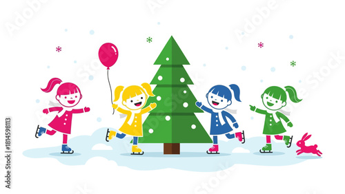 Winter Wonderland Fun: A cheerful illustration of four young children ice skating around a festive Christmas tree. Capturing the joy and excitement of winter holidays.