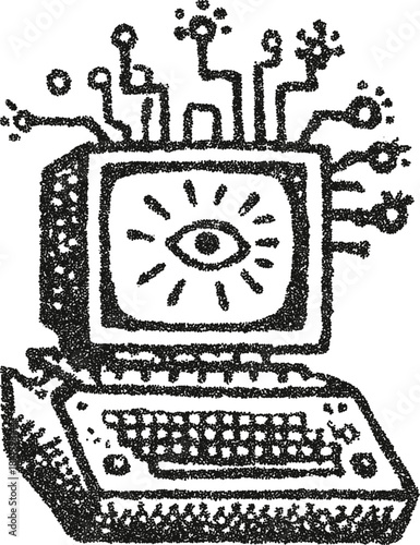 Retro computer vector illustration with a digital eye on screen and network connections in vintage stipple dotwork style
