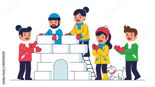 Building a Snowy Haven: A spirited group collaborates to construct a cozy igloo, celebrating winter's delight with laughter and togetherness, with their dog.