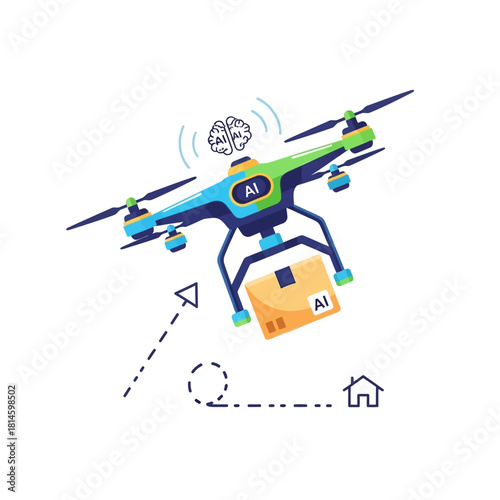 A colorful AI-powered delivery quadcopter drone with a smart brain icon carrying a parcel.
