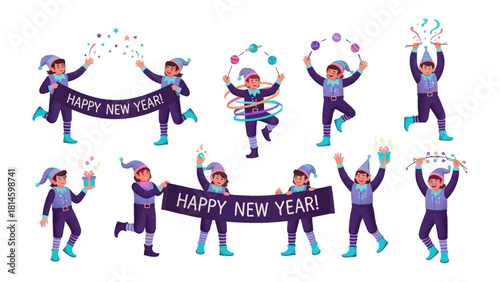 New Year's Celebration Elves: Festive elves revel in a vibrant display, celebrating the New Year with joy, confetti, and celebratory banners, embodying the essence of fresh beginnings.