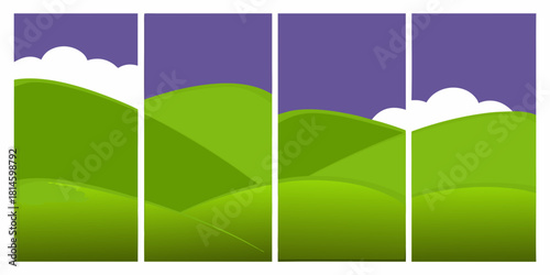Abstract landscape with green hills purple sky and white clouds illustration