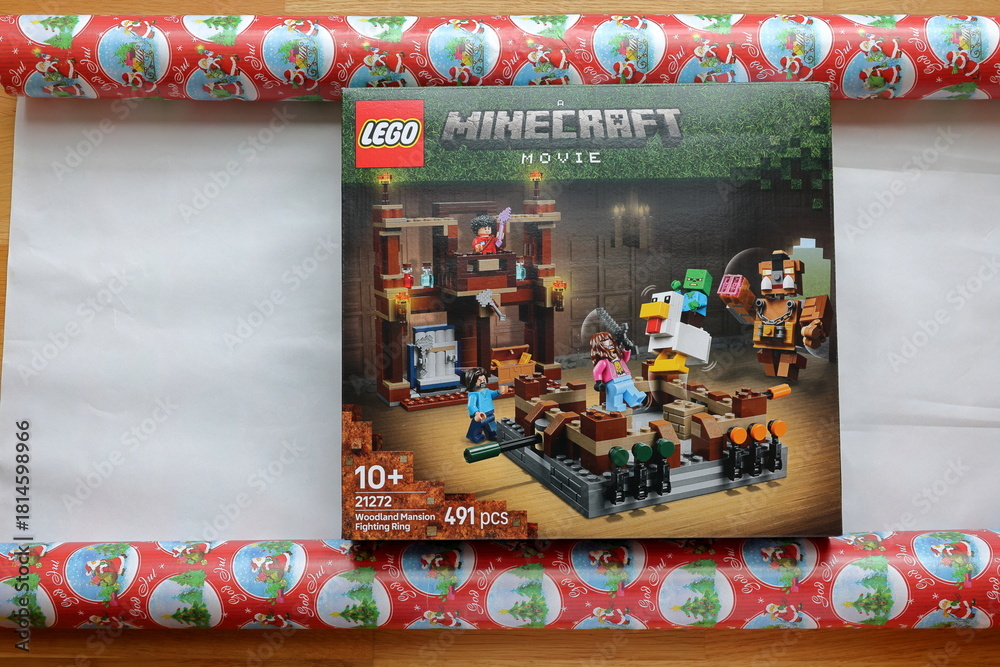 Obraz premium Lego Minecraft gift wrapping for Christmas. Concept photo.