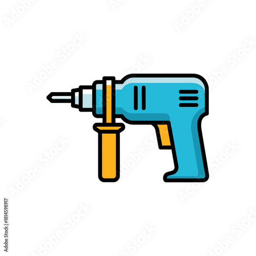 A vibrant blue and orange electric power drill icon with a bold black outline and auxiliary handle.