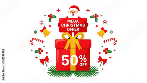 Christmas Offer Illustration: A vibrant illustration showcasing a festive Christmas sale, with a large gift box prominently displaying a special offer.