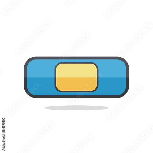 Blue adhesive bandage with yellow pad, rounded corners, and black outline.