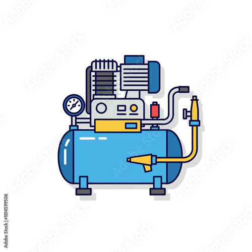 Blue Air Compressor Unit with Pressure Gauge and Yellow Hose, Industrial Equipment.