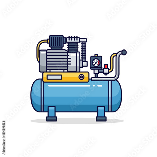 Blue Air Compressor with Gauge and Motor, Industrial Equipment Illustration.