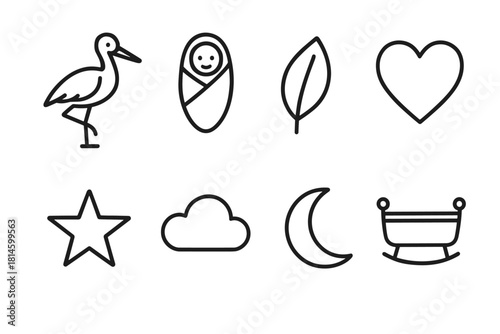 New Life Symbols. New life symbol concept linear icon set: stork silhouette, baby wrap, leaf, heart, star, cloud, moon, cradle