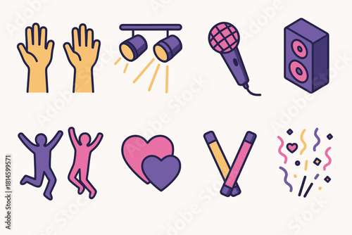 Concert Celebration Icons. Concert Celebration Crowd flat icon set: raised hands, stage lights, microphone, speakers, jumping silhouettes, heart signs, glow sticks, confetti